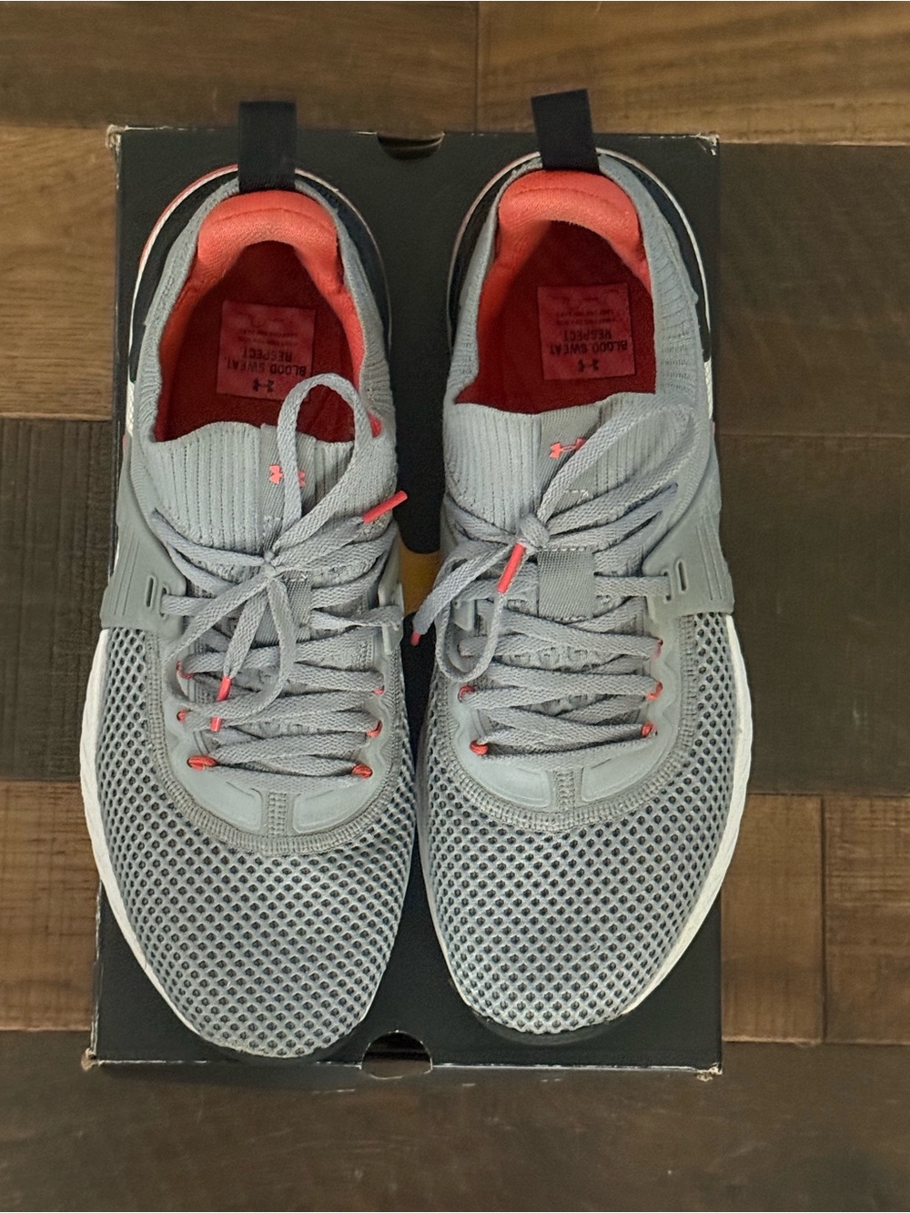 Under Armour Men's Project Rock 4 Light Gray Athletic Shoes with Coral Accents